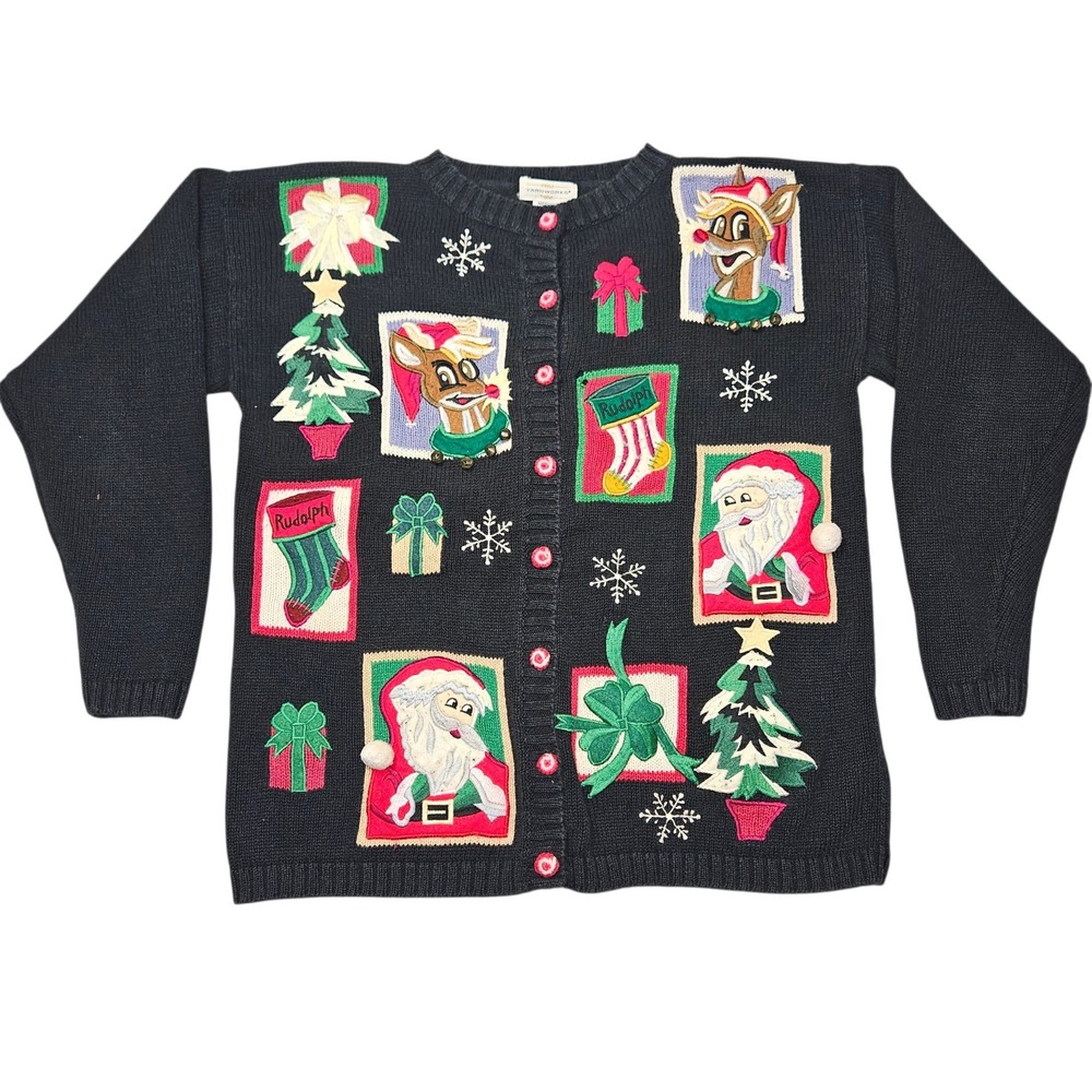 VTG Yarnworks Rudolph Santa Ugly Christmas Sweater Cardigan Black Sz M